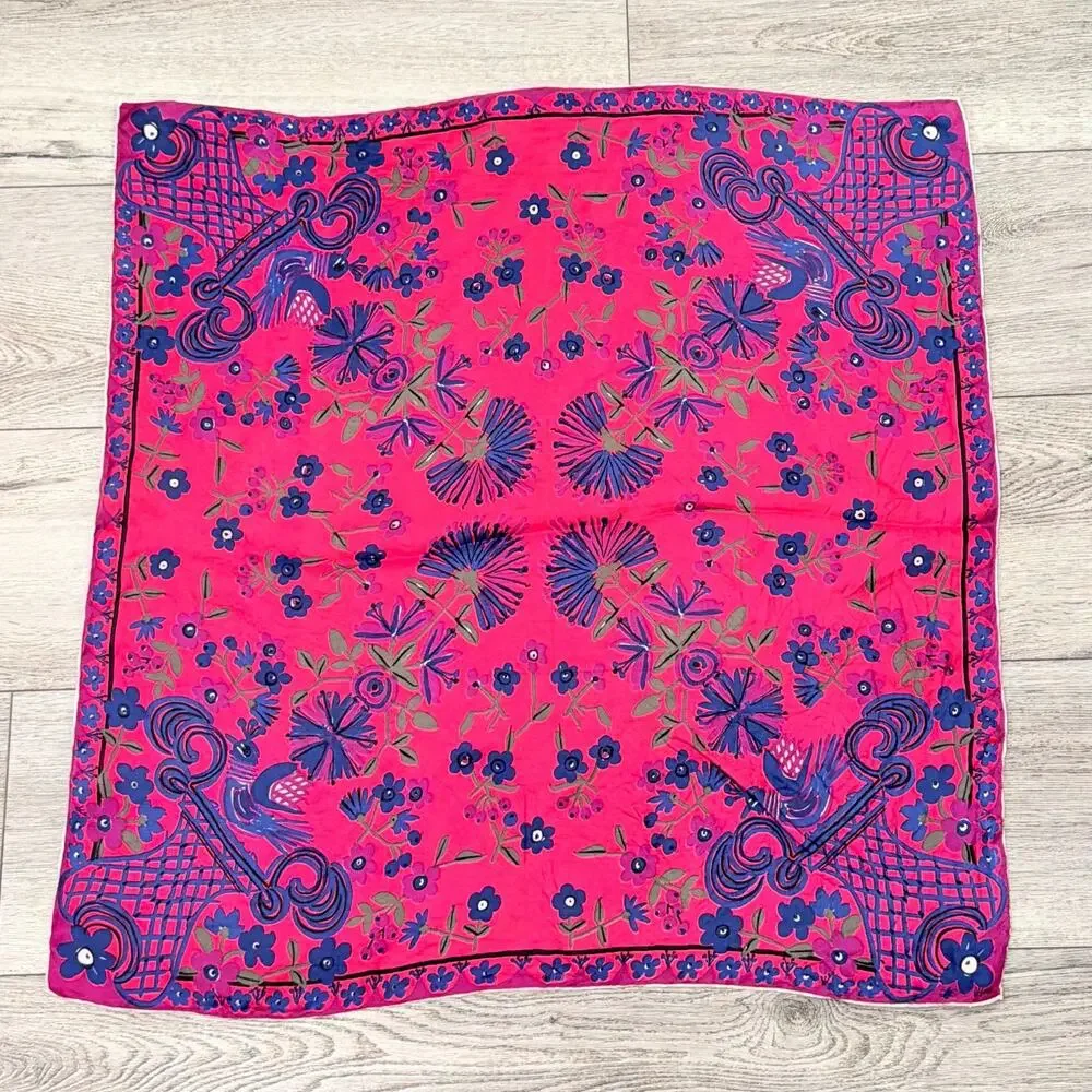 Vera Neumann Vintage 1970s Silk Scarf Pink Floral Mod Hand Rolled Hem Japan bird